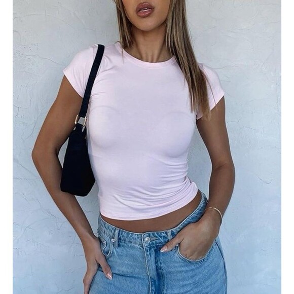 NEW Women's S Light Pink Babydoll Short Sleeve Basic Top Shirt T-Shirt - Picture 1 of 8